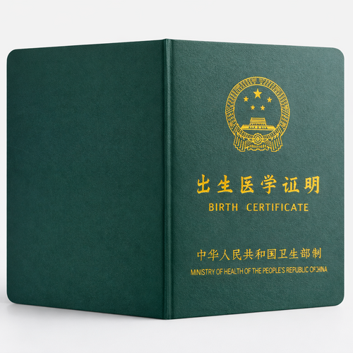 中国出生医学证明封面证件展示图，绿色皮质封皮，金色国徽与“出生医学证明 Birth Certificate”字样，纯白背景专业证件模板图片
