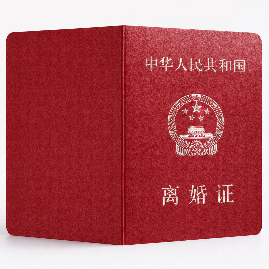 中国离婚证封面证件展示图，红色皮质封皮，银色国徽与“中华人民共和国 离婚证”字样，纯白背景专业证件模板图片