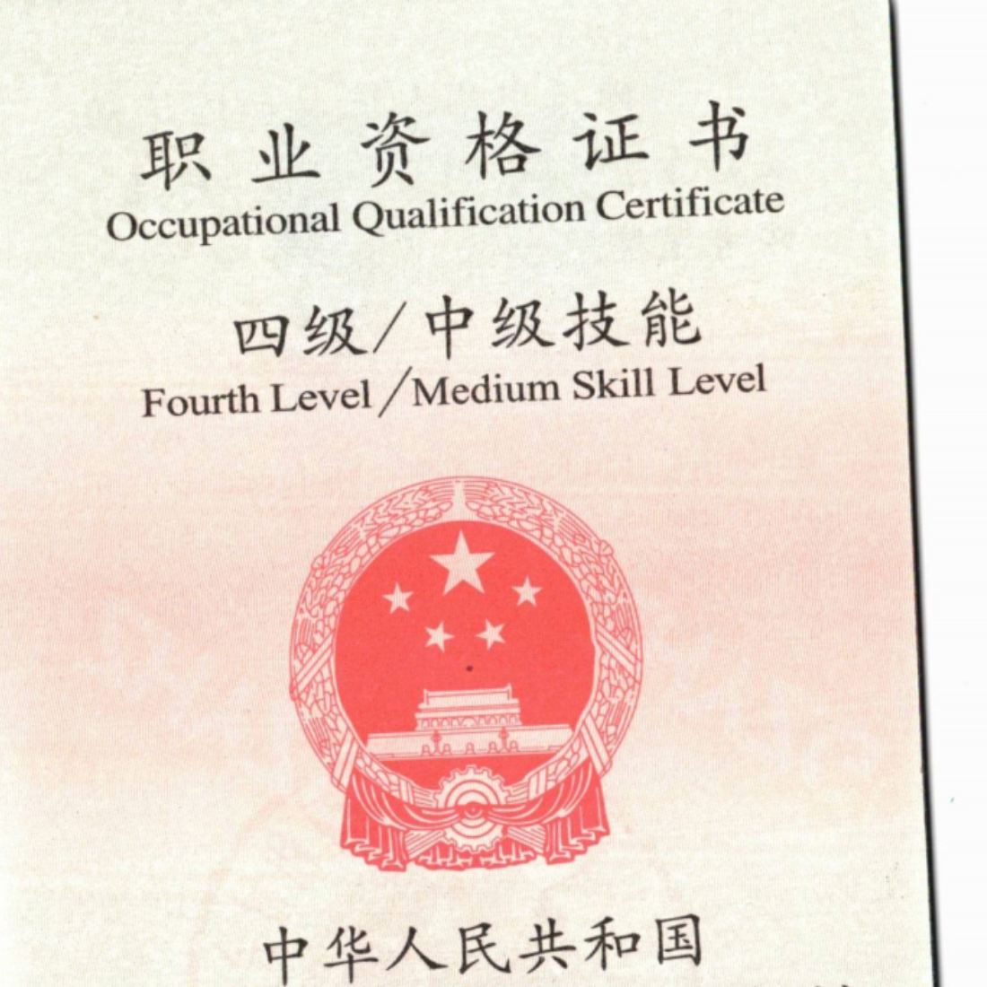 中国职业资格证书(四级/中级技能)翻译公证件